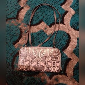 Sakroots Small Crossbody Cellphone Purse Wallet Clutch Gray & Pink w/Owl Print